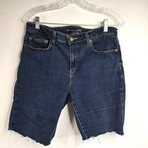 Michael Kors Dark Denim Stretch Raw Hem Cut Off Logo Bermuda Denim Shorts